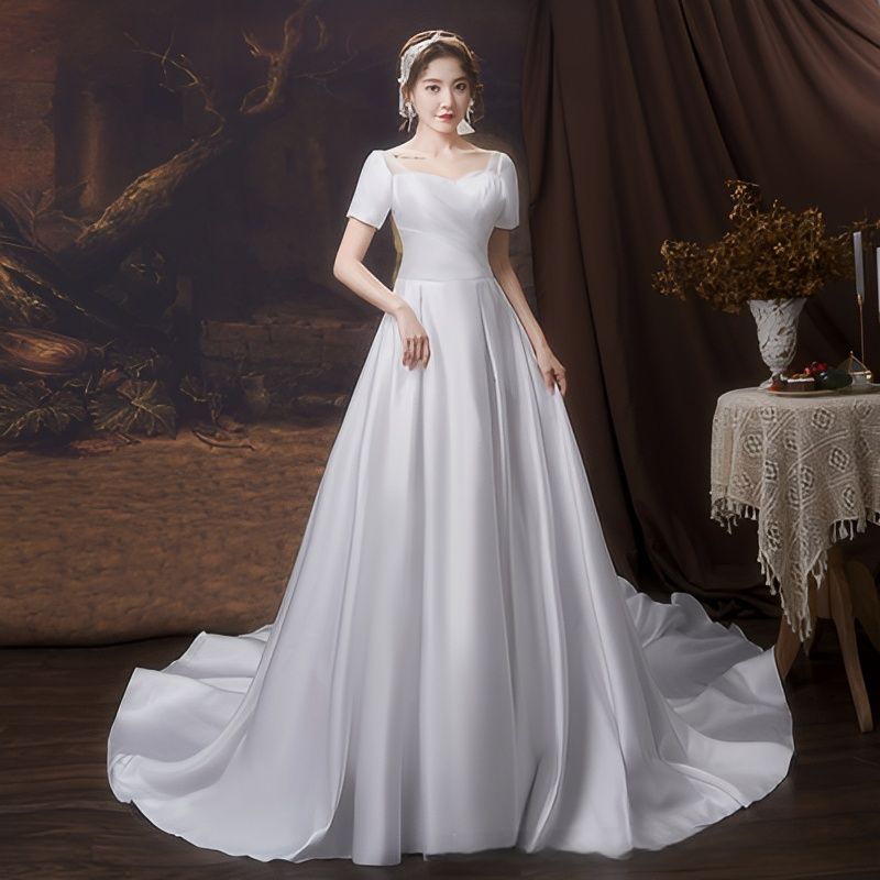 New wedding dress trailing bride one-shoulder satin wedding dress evening dress temperament French simplicity