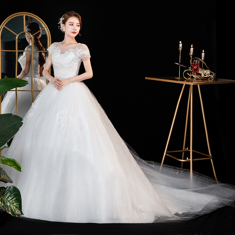 One-shoulder main wedding dress, new style bride, summer temperament, starry sky, tail, light and small, covering thick arms