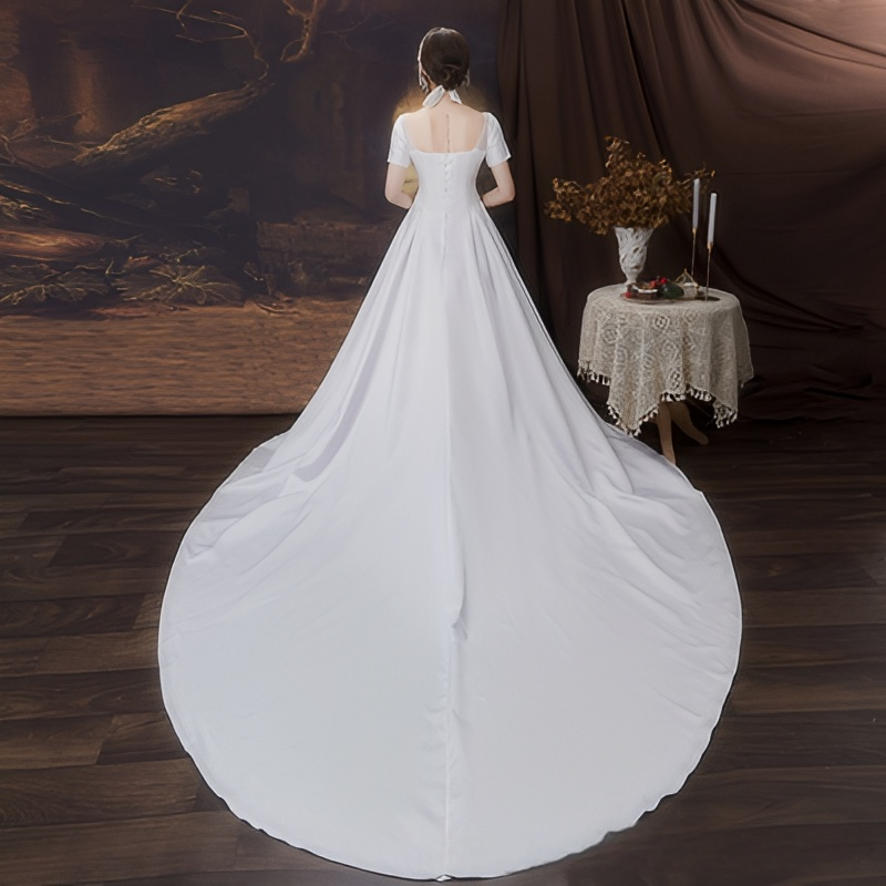 New wedding dress trailing bride one-shoulder satin wedding dress evening dress temperament French simplicity