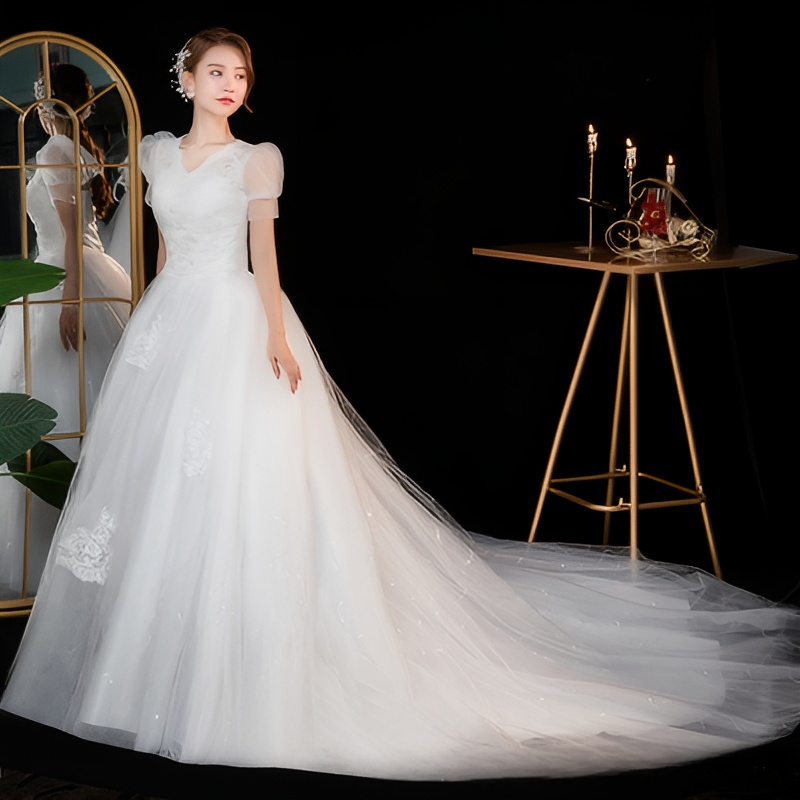 Light wedding dress new bride starry sky tail one shoulder simple princess petite