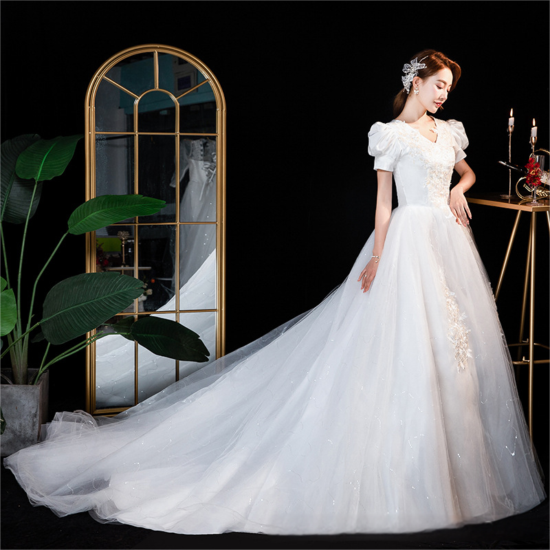 Main wedding dress, new style, starry sky, tail, one shoulder, light forest style, small bride