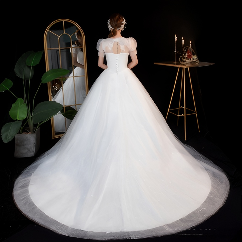 Light wedding dress new bride starry sky tail one shoulder simple princess petite