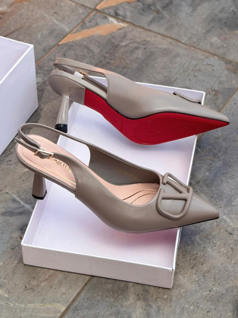 Women's Elegant Pointed Toe Slingback Kitten Heels with V-Buckle Detail and Red Sole