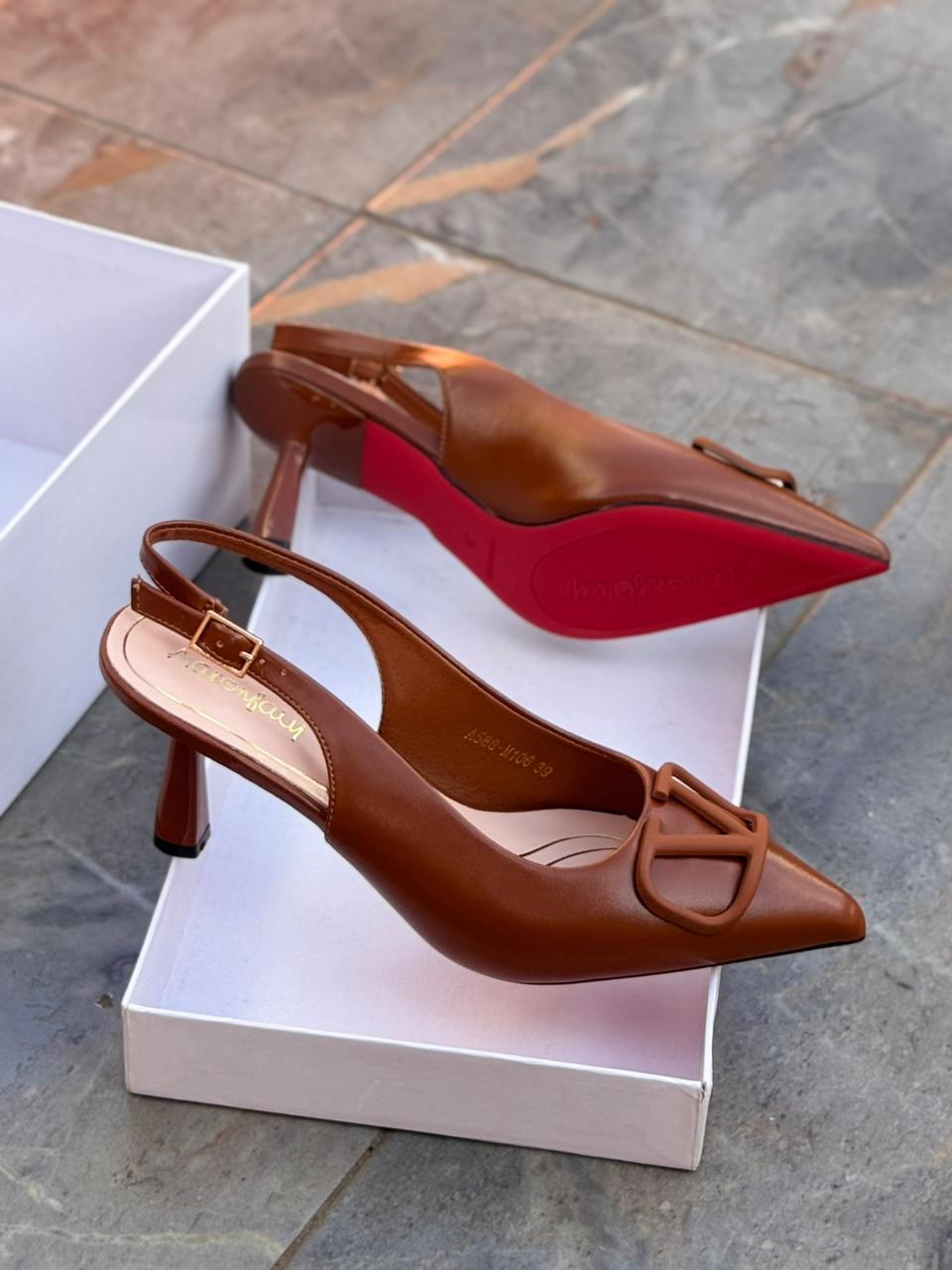 Women's Elegant Pointed Toe Slingback Kitten Heels with V-Buckle Detail and Red Sole