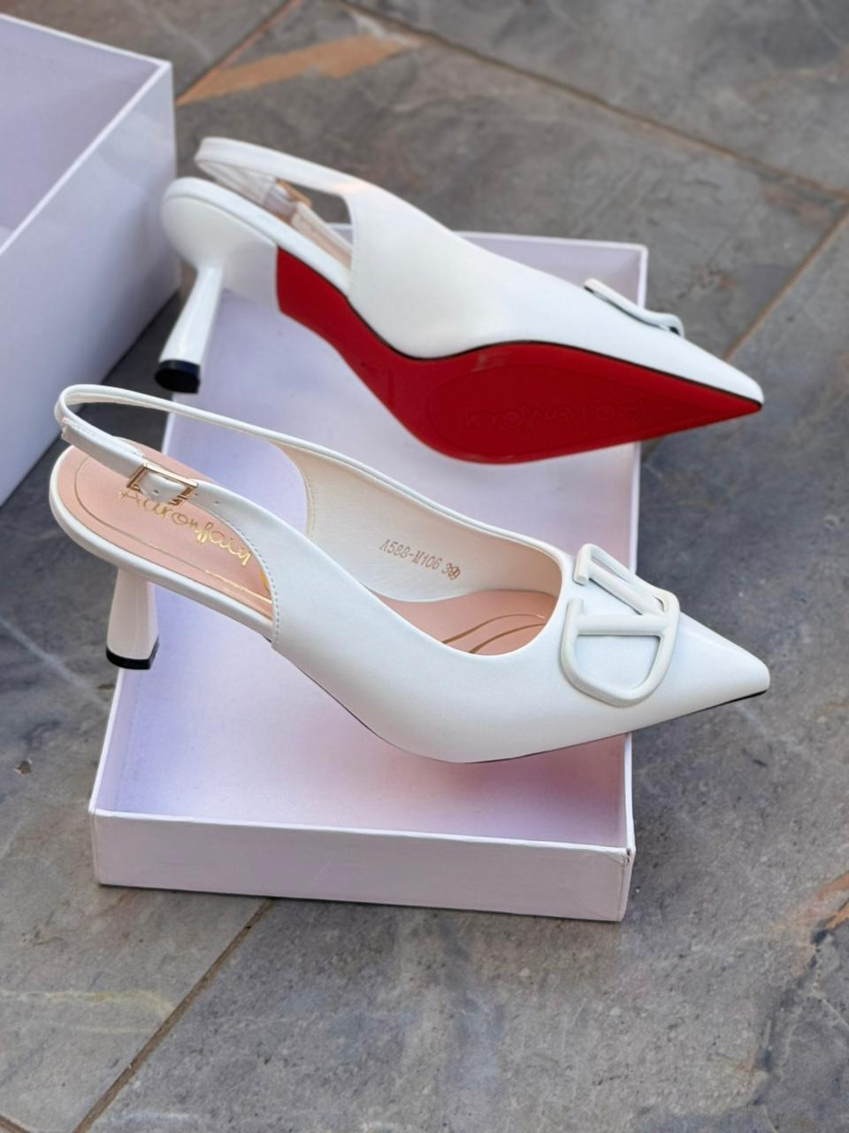 Women's Elegant Pointed Toe Slingback Kitten Heels with V-Buckle Detail and Red Sole