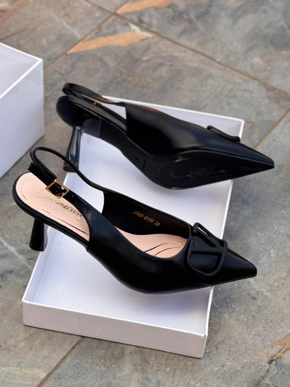 Women's Elegant Pointed Toe Slingback Kitten Heels with V-Buckle Detail and Red Sole