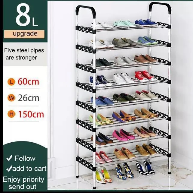 8-Tier / Layers Shoe Rack, Adjustable Shoe Shelf Stackable Shoe Rack With 8 Steel Pipes Per Layer