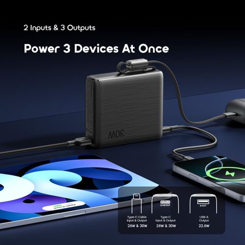 Oraimo PowerNova L21 20000mAh Power Bank 30W Fast Charging Built-in Type-C Cable USB-C LED Display Portable Charger for Android iPhone Travel Backup