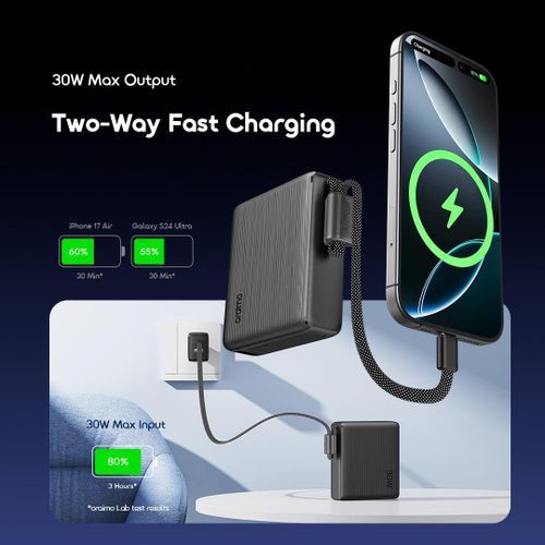 Oraimo PowerNova L21 20000mAh Power Bank 30W Fast Charging Built-in Type-C Cable USB-C LED Display Portable Charger for Android iPhone Travel Backup