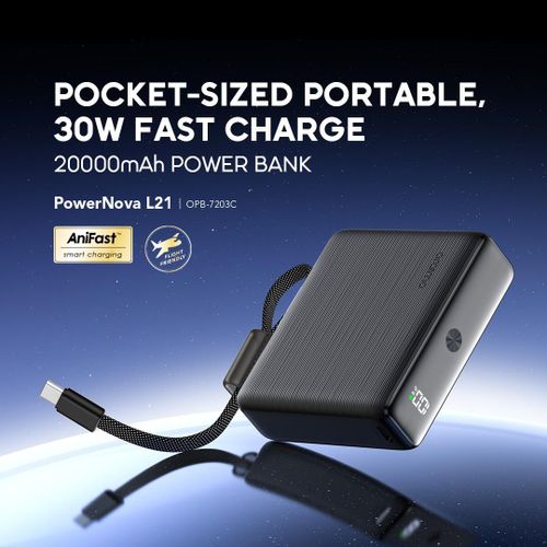 Oraimo PowerNova L21 20000mAh Power Bank 30W Fast Charging Built-in Type-C Cable USB-C LED Display Portable Charger for Android iPhone Travel Backup