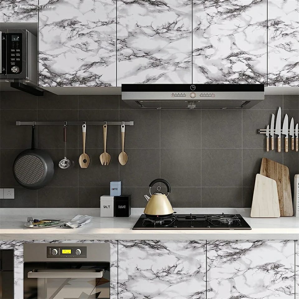 Marble Contact Paper for Countertops, Cabinets , bathroom, desks etc Waterproof in White and black, Peel and Stick to install. removable doesnt ruin your wall.