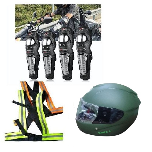 MOTORCYCLE SAFETY Combo Pro Biker Knee Guards, 2PCS Reflective Straps and Full Face Boda Plus Helmet – Protective Riding Gear Set for Motorbike Riders Safety Protection