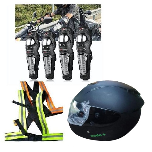 MOTORCYCLE SAFETY Combo Pro Biker Knee Guards, 2PCS Reflective Straps and Full Face Boda Plus Helmet – Protective Riding Gear Set for Motorbike Riders Safety Protection