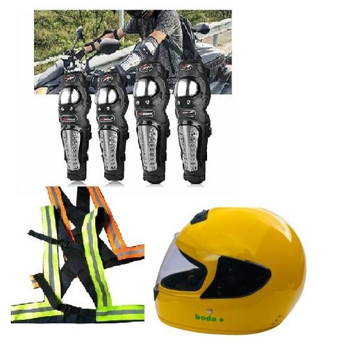 MOTORCYCLE SAFETY Combo Pro Biker Knee Guards, 2PCS Reflective Straps and Full Face Boda Plus Helmet – Protective Riding Gear Set for Motorbike Riders Safety Protection