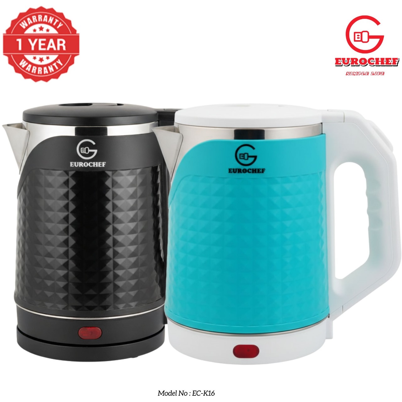 EUROCHEF EC-K16 2L Stainless Steel Electric Cordless Kettle – Fast Boil Water Heater Jug with Auto Shut-Off for Home & Office Use