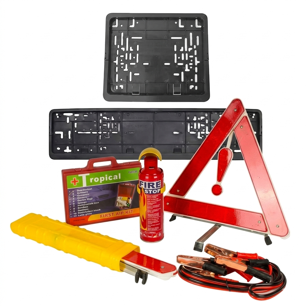 7-in-1 NTSA Compliance Roadside Kit – New Gen License Plate Frames+Dual Life Savers+Heavy Duty Jumper Cables+Fire Stop + First Aid Kit