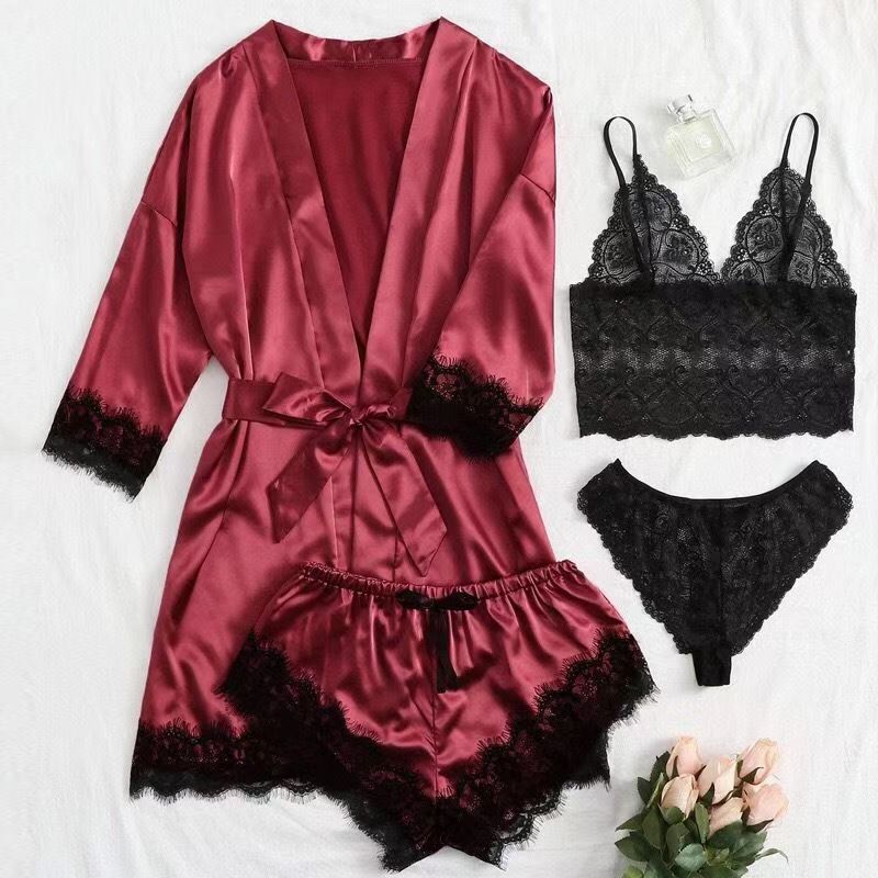 2026Women's Pajamas Satin The Big Size Long Sleeve Womens Pajamas Lace Lingerie Nightwear Underwear Sleepwear 3PC Suit Pajama Sets Nightgown Underwear Nightdress Suit