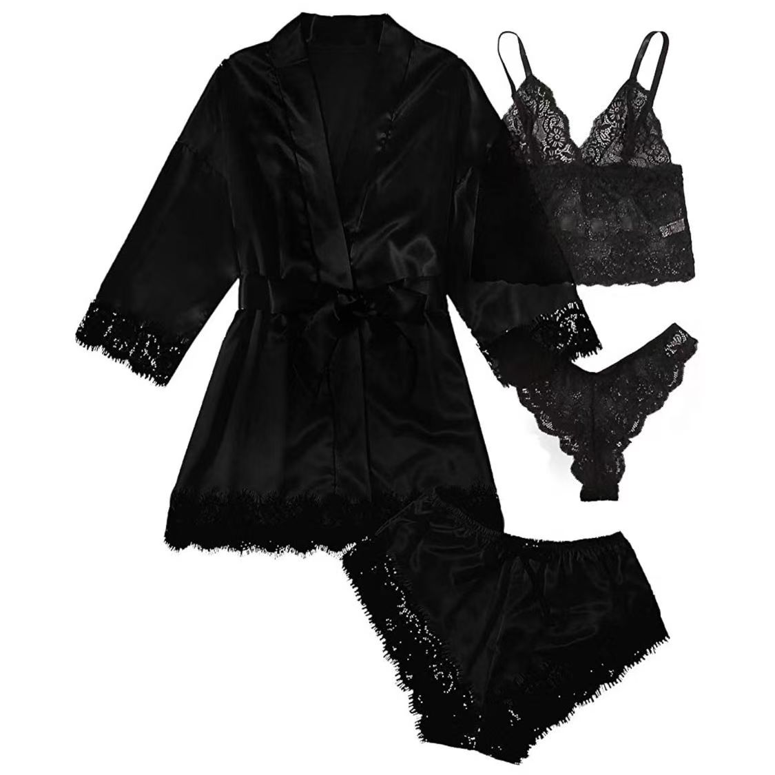 2026Women's Pajamas Satin The Big Size Long Sleeve Womens Pajamas Lace Lingerie Nightwear Underwear Sleepwear 3PC Suit Pajama Sets Nightgown Underwear Nightdress Suit