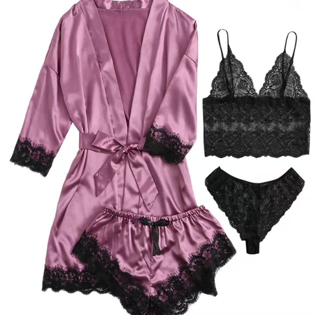 2026Women's Pajamas Satin The Big Size Long Sleeve Womens Pajamas Lace Lingerie Nightwear Underwear Sleepwear 3PC Suit Pajama Sets Nightgown Underwear Nightdress Suit