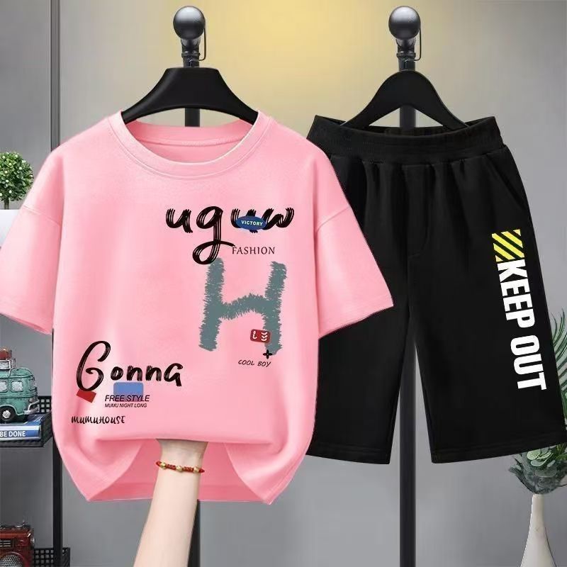 Handsome boy's clothing set with printed style two-piece set summer versatile and fashionable outerwear set boys' top short sleeved casual shorts set