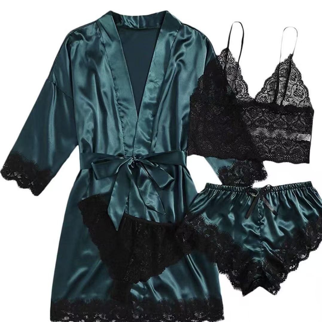 2026Women's Pajamas Satin The Big Size Long Sleeve Womens Pajamas Lace Lingerie Nightwear Underwear Sleepwear 3PC Suit Pajama Sets Nightgown Underwear Nightdress Suit