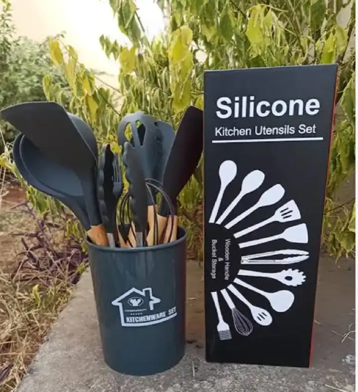 12PCS Silicone Cooking Utensils Set | Non-Stick Kitchen Spoons Set | Heat-Resistant Silicone Tools with Wooden Handles | Durable Kitchen Set
