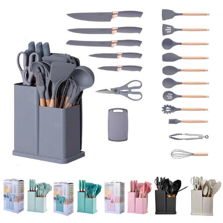 19PC Executive Silicone Kitchen Utensils Set | Non-Stick Cooking Spoons Set | Heat-Resistant Silicone Tools with Wooden Handles | Complete Kitchen Set