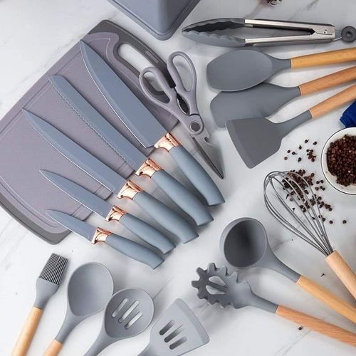 19PC Executive Silicone Kitchen Utensils Set | Non-Stick Cooking Spoons Set | Heat-Resistant Silicone Tools with Wooden Handles | Complete Kitchen Set