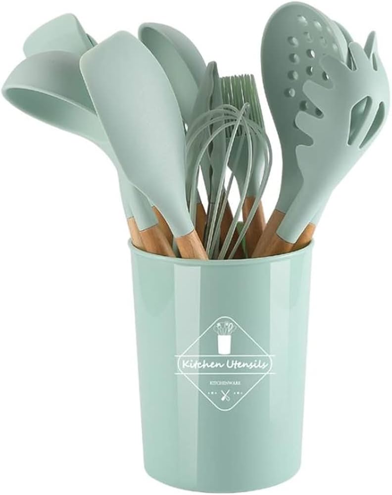 12PCS Silicone Cooking Utensils Set | Non-Stick Kitchen Spoons Set | Heat-Resistant Silicone Tools with Wooden Handles | Durable Kitchen Set