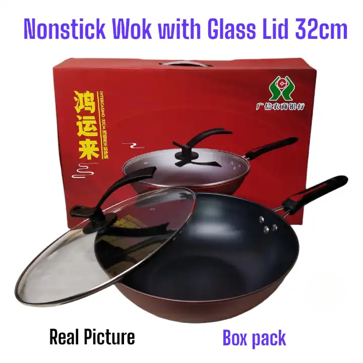 32CM Non-Stick Wok Pan with Glass Lid | Deep Frying Pan | Scratch-Resistant Cooking Wok | Even Heat Distribution | Pressure Release Lid