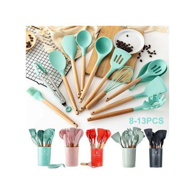 12PCS Silicone Cooking Utensils Set | Non-Stick Kitchen Spoons Set | Heat-Resistant Silicone Tools with Wooden Handles | Durable Kitchen Set