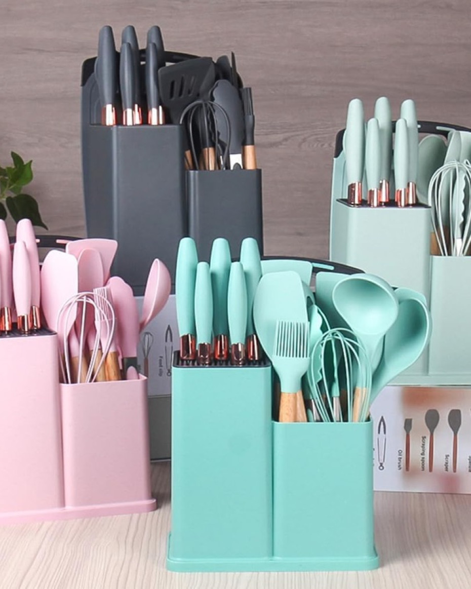 19PC Executive Silicone Kitchen Utensils Set | Non-Stick Cooking Spoons Set | Heat-Resistant Silicone Tools with Wooden Handles | Complete Kitchen Set