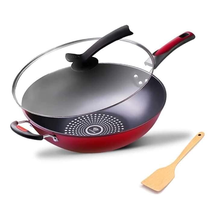 32CM Non-Stick Wok Pan with Glass Lid | Deep Frying Pan | Scratch-Resistant Cooking Wok | Even Heat Distribution | Pressure Release Lid