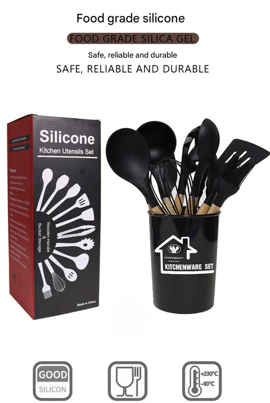 12PCS Silicone Cooking Utensils Set | Non-Stick Kitchen Spoons Set | Heat-Resistant Silicone Tools with Wooden Handles | Durable Kitchen Set