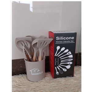 12PCS Silicone Cooking Utensils Set | Non-Stick Kitchen Spoons Set | Heat-Resistant Silicone Tools with Wooden Handles | Durable Kitchen Set