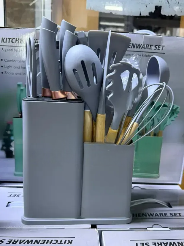 19PC Executive Silicone Kitchen Utensils Set | Non-Stick Cooking Spoons Set | Heat-Resistant Silicone Tools with Wooden Handles | Complete Kitchen Set