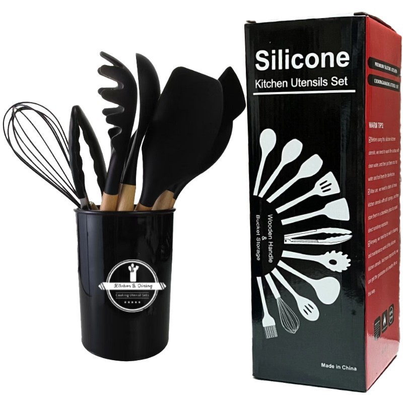 12PCS Silicone Cooking Utensils Set | Non-Stick Kitchen Spoons Set | Heat-Resistant Silicone Tools with Wooden Handles | Durable Kitchen Set
