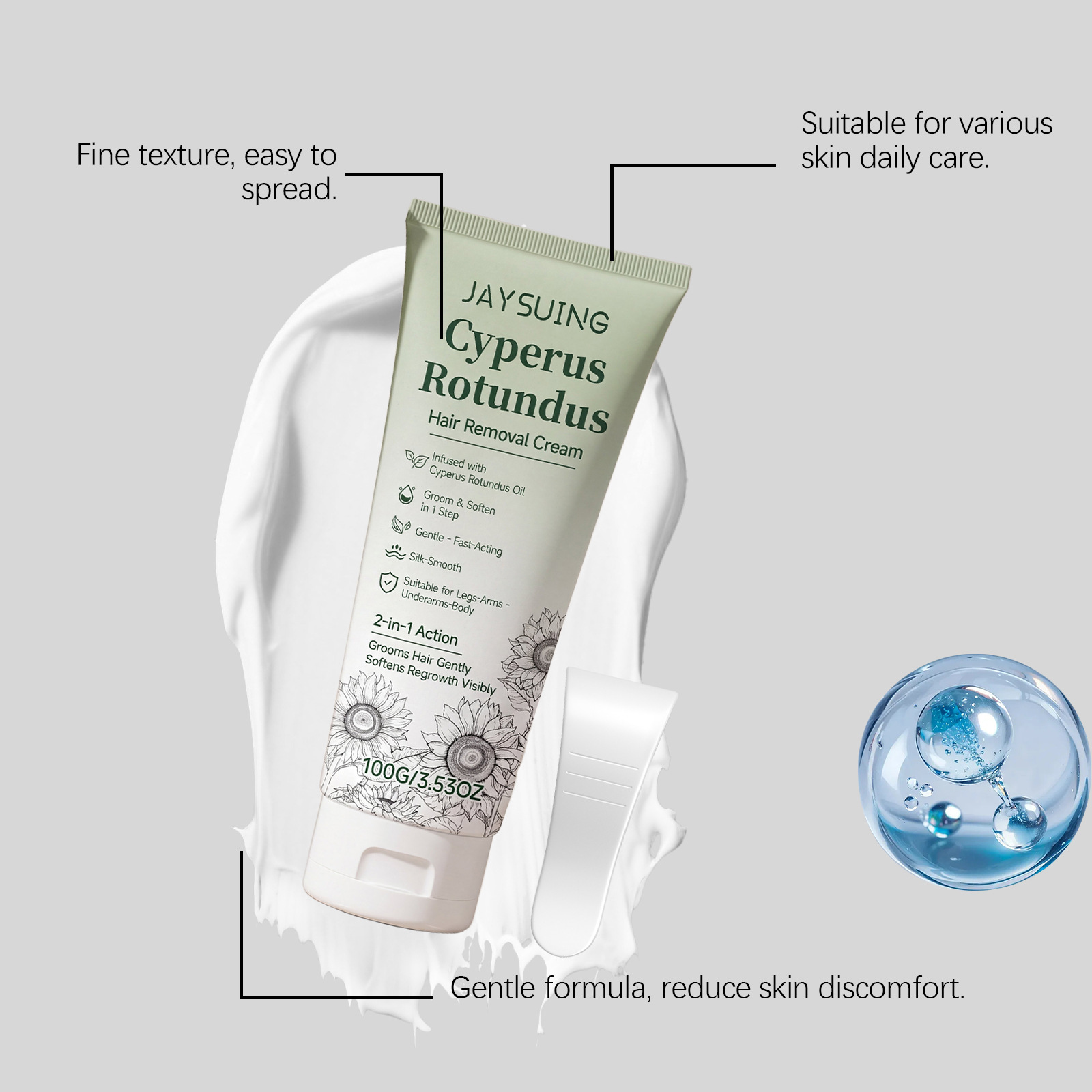 JAYSUING Xiangfu Gentle Hair Removal Cream, gently cleanses and smooths body skin, refreshing and moisturizing for daily care