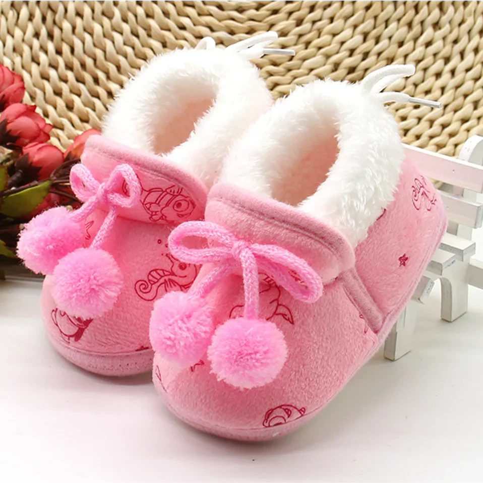 Baby Shoes Fall Winter Bow Non-slip Soft Soled Plus Velvet Thickened Toddler Kids Cotton Shoes for 0-2T