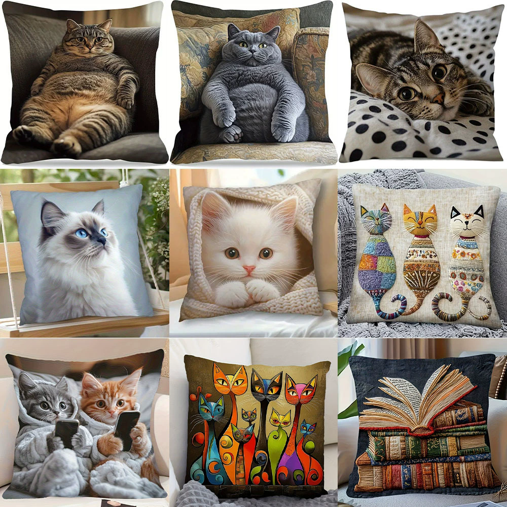 Cute Book Cat Party Cushion Cover Decor Cartoon Animal Pillowcase Printing Cojines Polyester Pillow Case for Sofa Home 45x45cm