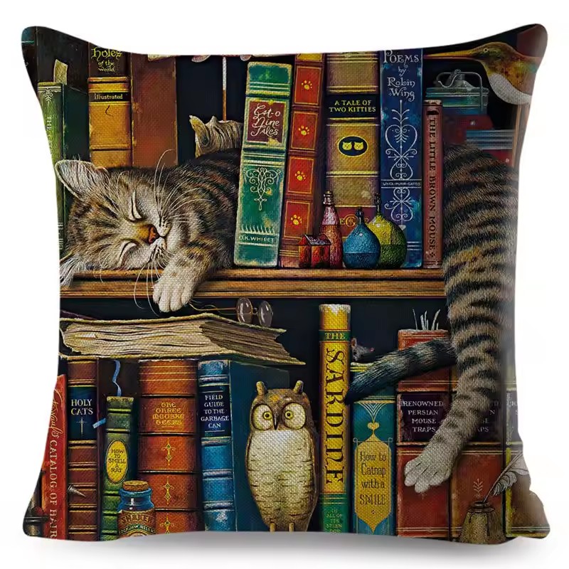 Cute Book Cat Party Cushion Cover Decor Cartoon Animal Pillowcase Printing Cojines Polyester Pillow Case for Sofa Home 45x45cm