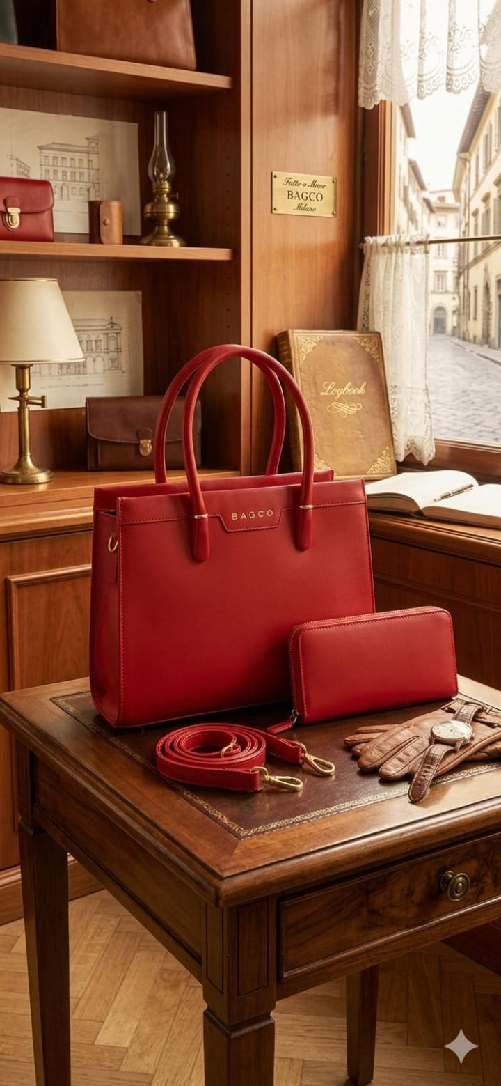 luxury red handbag set displayed in what looks like a high-end boutique or showroom.