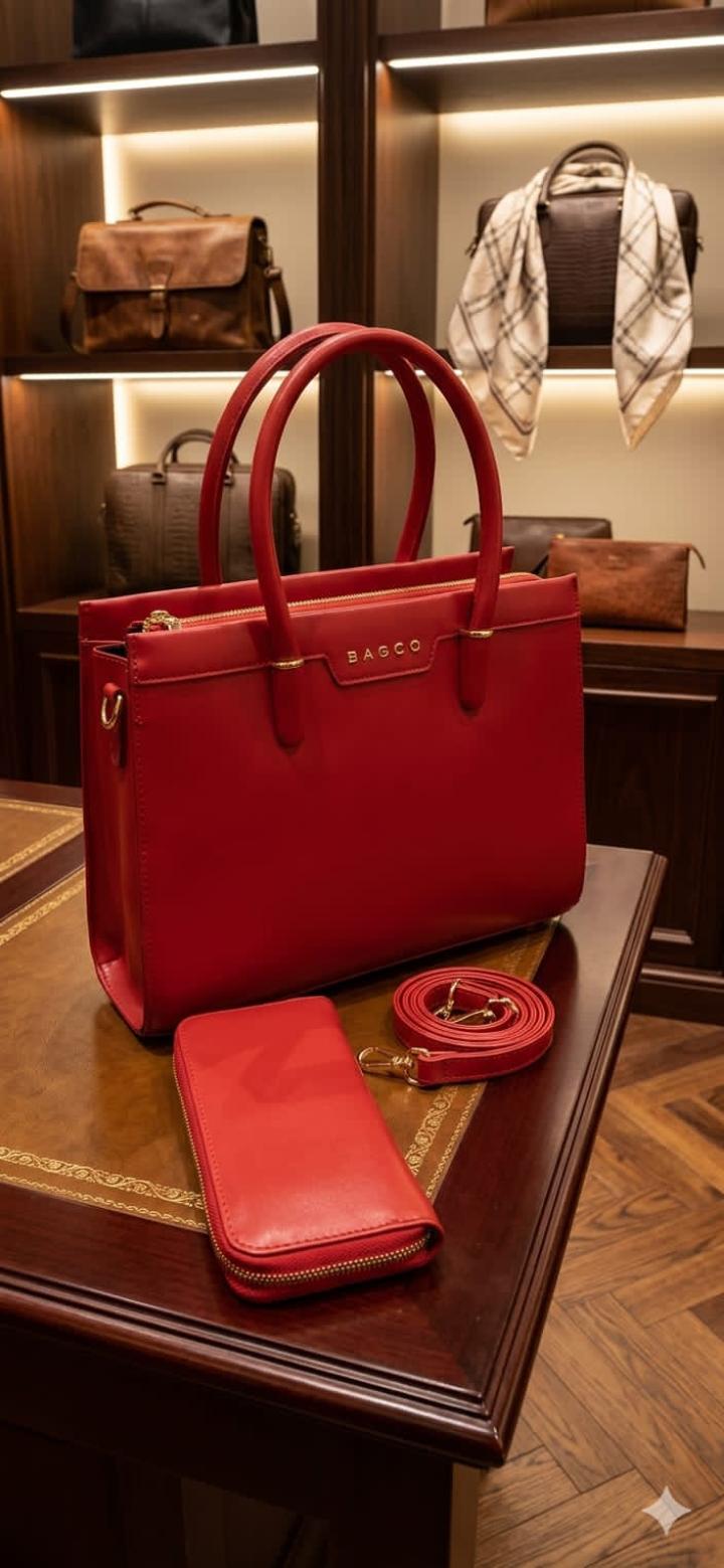 luxury red handbag set displayed in what looks like a high-end boutique or showroom.