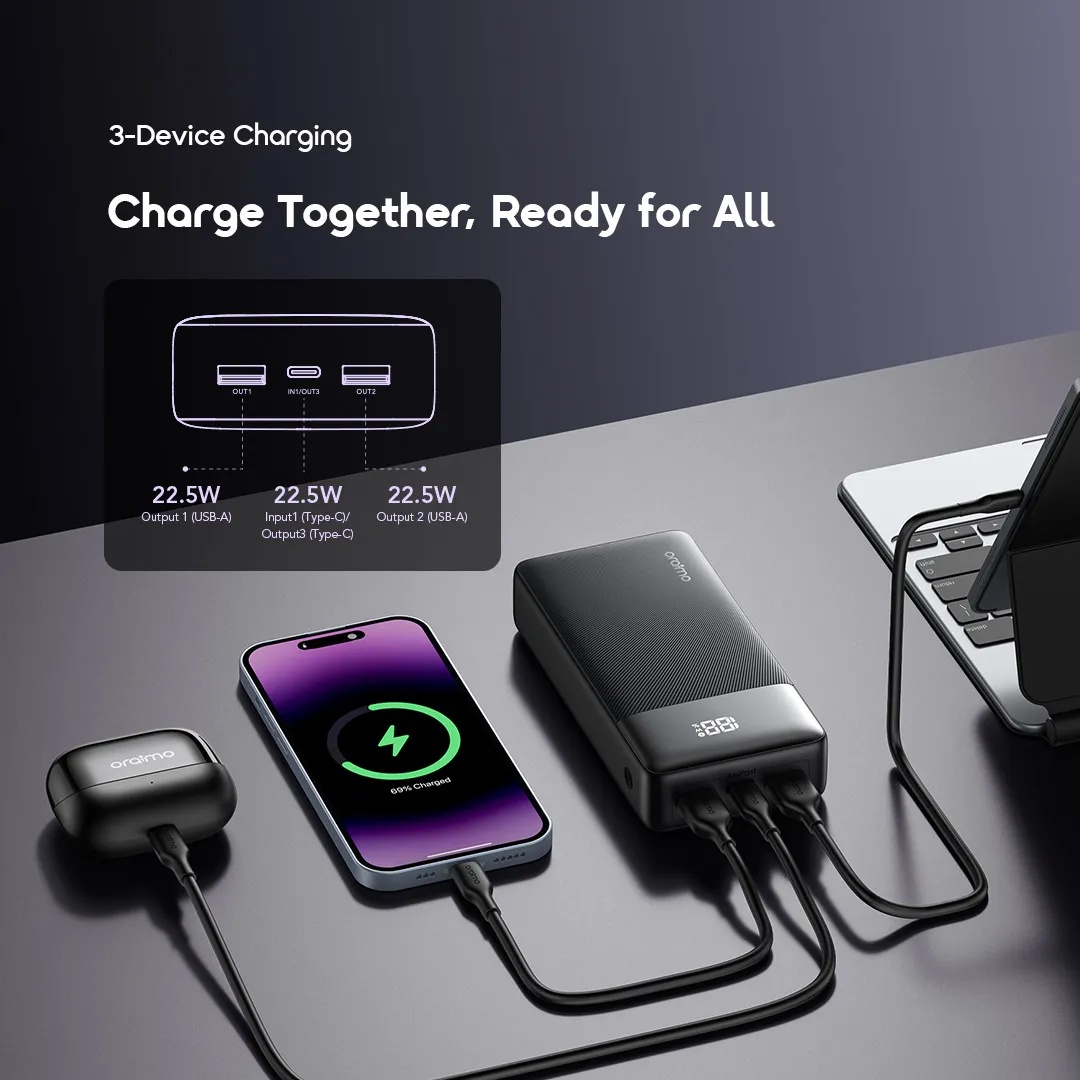 FLASH SALE!! Oraimo PowerNova QF1 Power Bank: | 27000mAh | 22.5W 2-Way Recharging | 3-Device Charging | USB-A/Type-C Ports | LED Digital Display | Overcurrent Protection | Power Banks