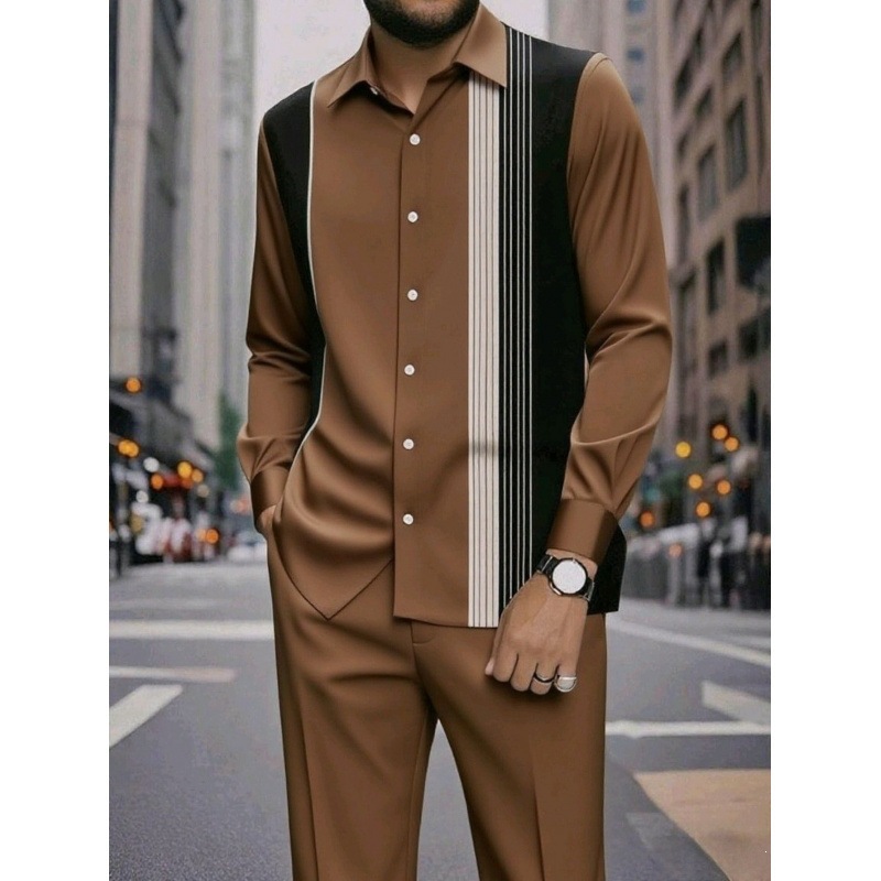 Spring and summer new men's two-piece fashion print striped lapel long-sleeved shirt jacket casual trousers suit is suitable for daily leisure commuting business wear.