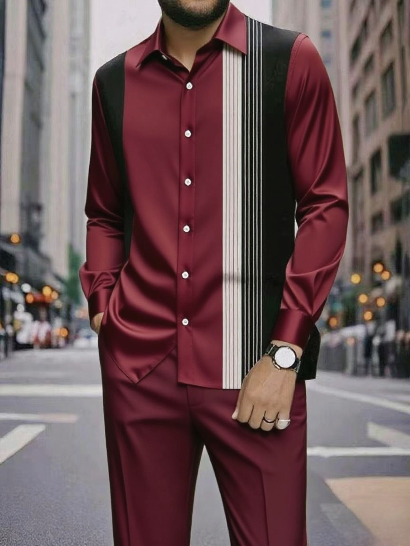 Spring and summer new men's two-piece fashion print striped lapel long-sleeved shirt jacket casual trousers suit is suitable for daily leisure commuting business wear.
