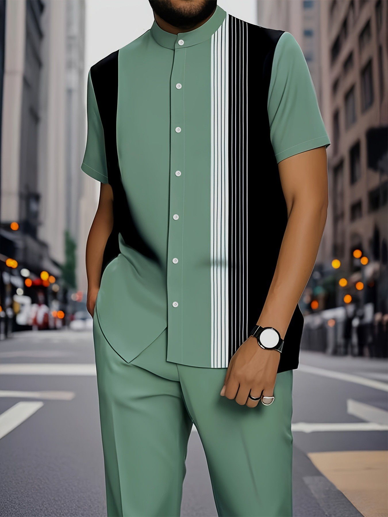 Summer new men's two-piece fashion print striped stand-up collar short-sleeved shirt coat casual trousers suit is suitable for daily leisure commuting business wear.