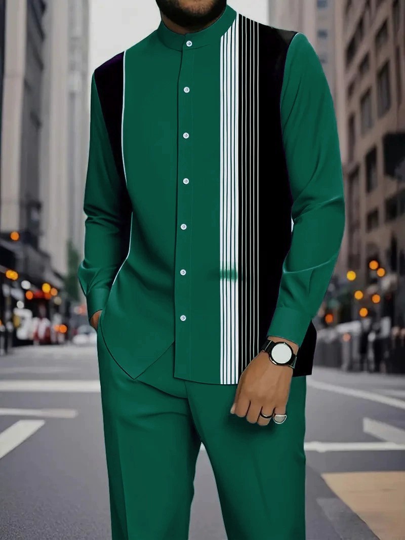 New men's two-piece fashion striped printed long sleeve collar shirt casual trousers suit is suitable for daily leisure commuting party activities.