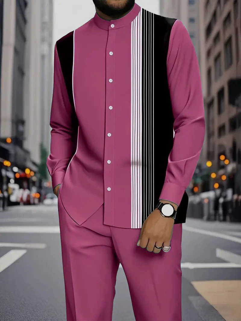 Spring and autumn new men's two-piece 3D printed long-sleeved collar button-down shirt jacket casual trousers suit is suitable for daily leisure commuting activities.