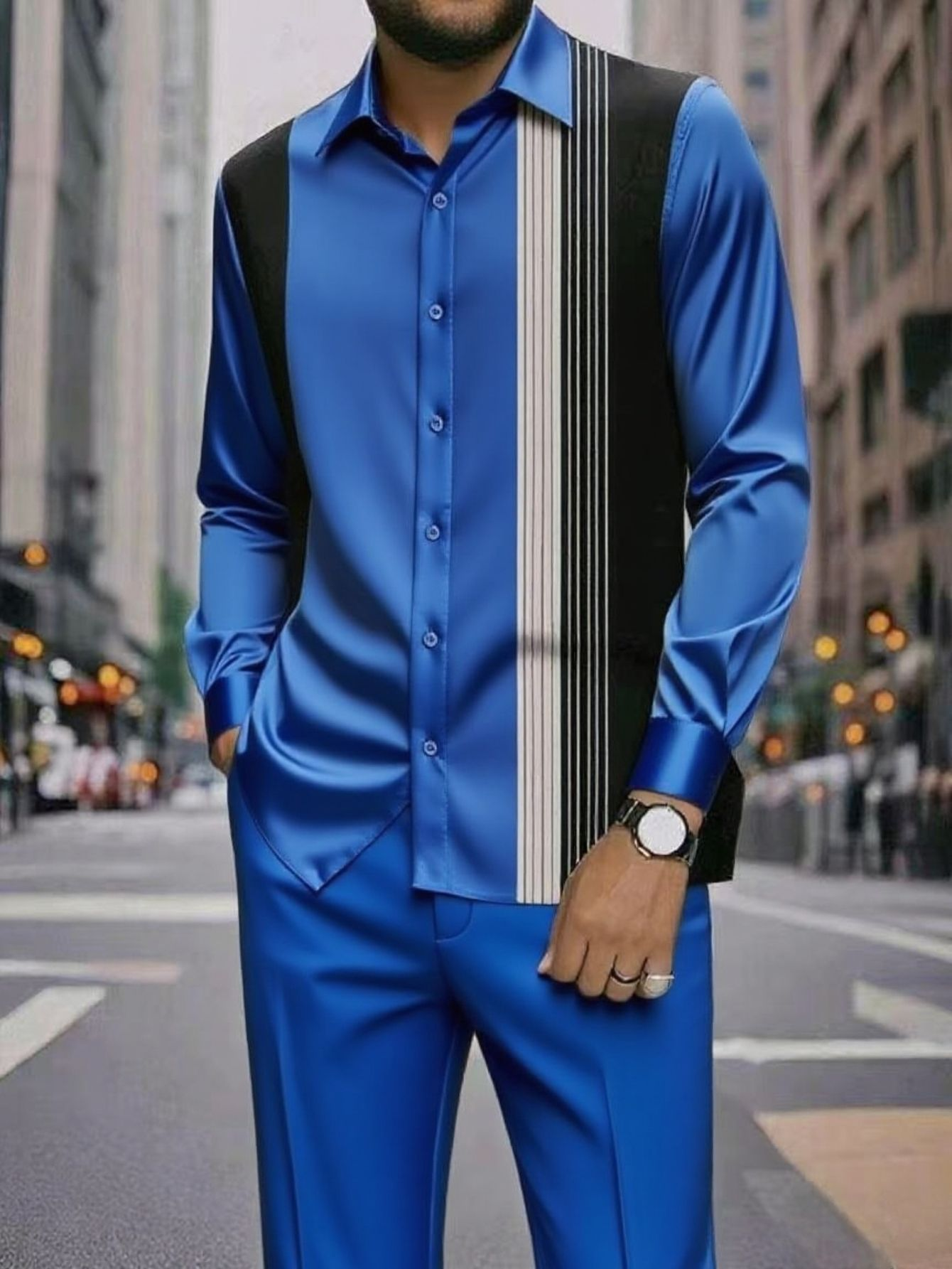Spring and summer new men's two-piece fashion print striped lapel long-sleeved shirt jacket casual trousers suit is suitable for daily leisure commuting business wear.